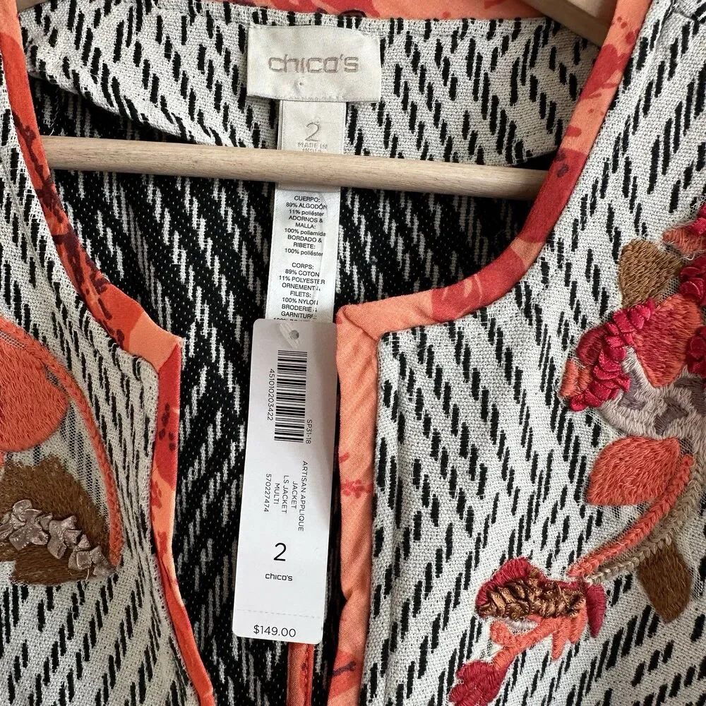 NWT Chico’s Artisan Applique Floral Embroidered 3/4-Sleeves Open Front Jacket 2